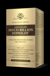 Solgar Advanced Multi-Billion Dophilus dietary supplement box, 60 vegetable capsules, supports digestion and immune health.